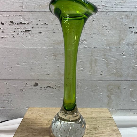 Golden Crown E&R Sweden Green Clear Art Glass Tulip Shape Bud Vase with Label - Picture 4 of 11